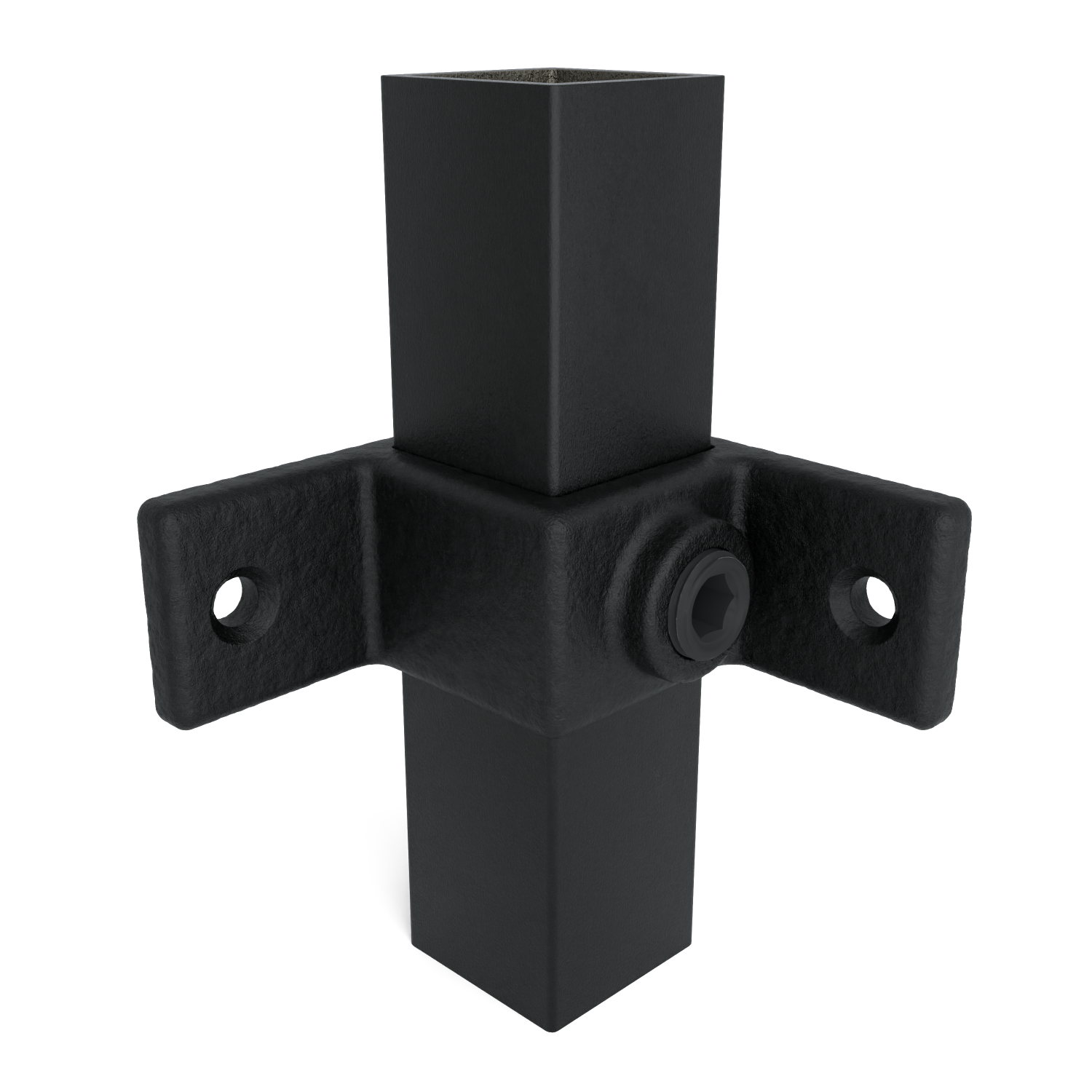 Raccord d'angle noir pour profilés carrés, reliant un montant vertical à deux bras horizontaux. Bras munis de trous de fixation, assemblés à l'aide d'une vis à six pans creux apparente. Surface mate, légèrement rugueuse.