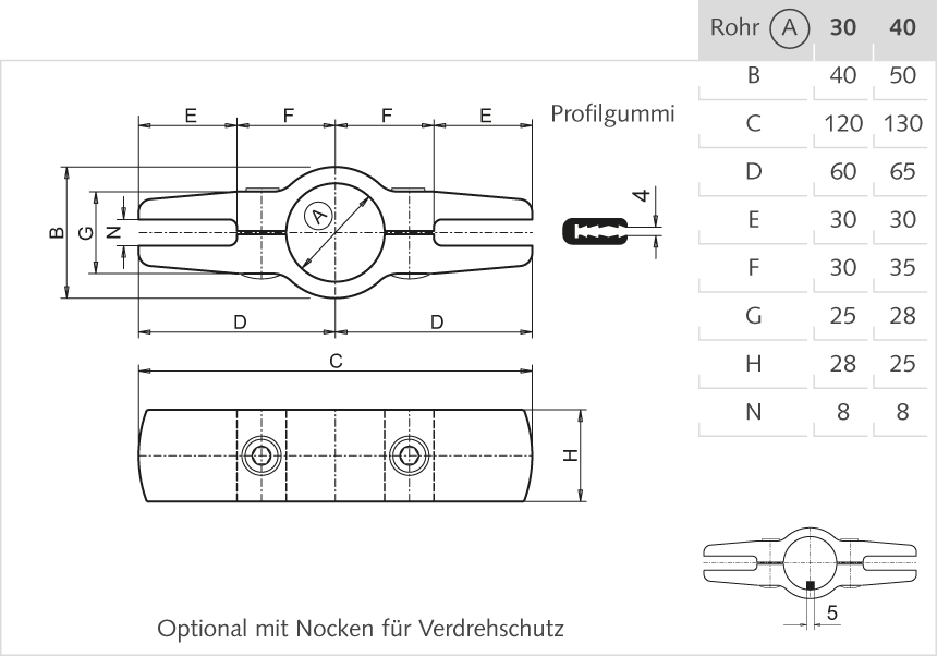 Trennwandhalter Aluminium , doppelt mit Nocke 40mm