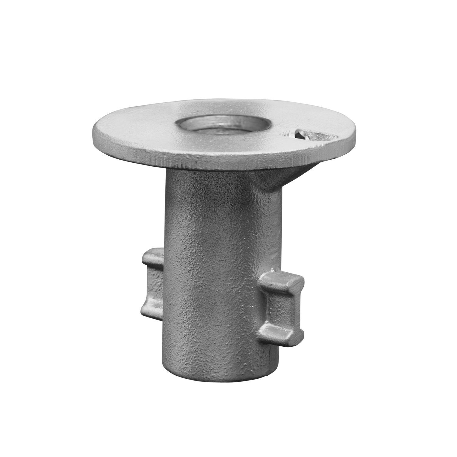 Socle routier gris, cylindrique, en métal moulé. Plaque supérieure ronde avec ouverture pour tube de support et trou pour vis de réglage. En bas, deux nervures d'ancrage rectangulaires pour fixation dans le béton. Surface rugueuse.