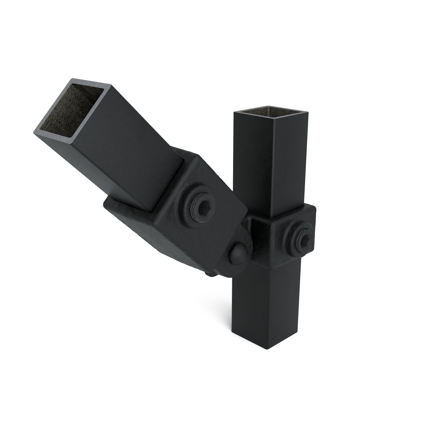 Raccord articulé noir mat pour tubes carrés, maintient deux profilés à angle droit. Un tube à la verticale, l'autre en biais vers le bas à gauche. Fixé à l'aide de vis à tête hexagonale, surface à grain fin.