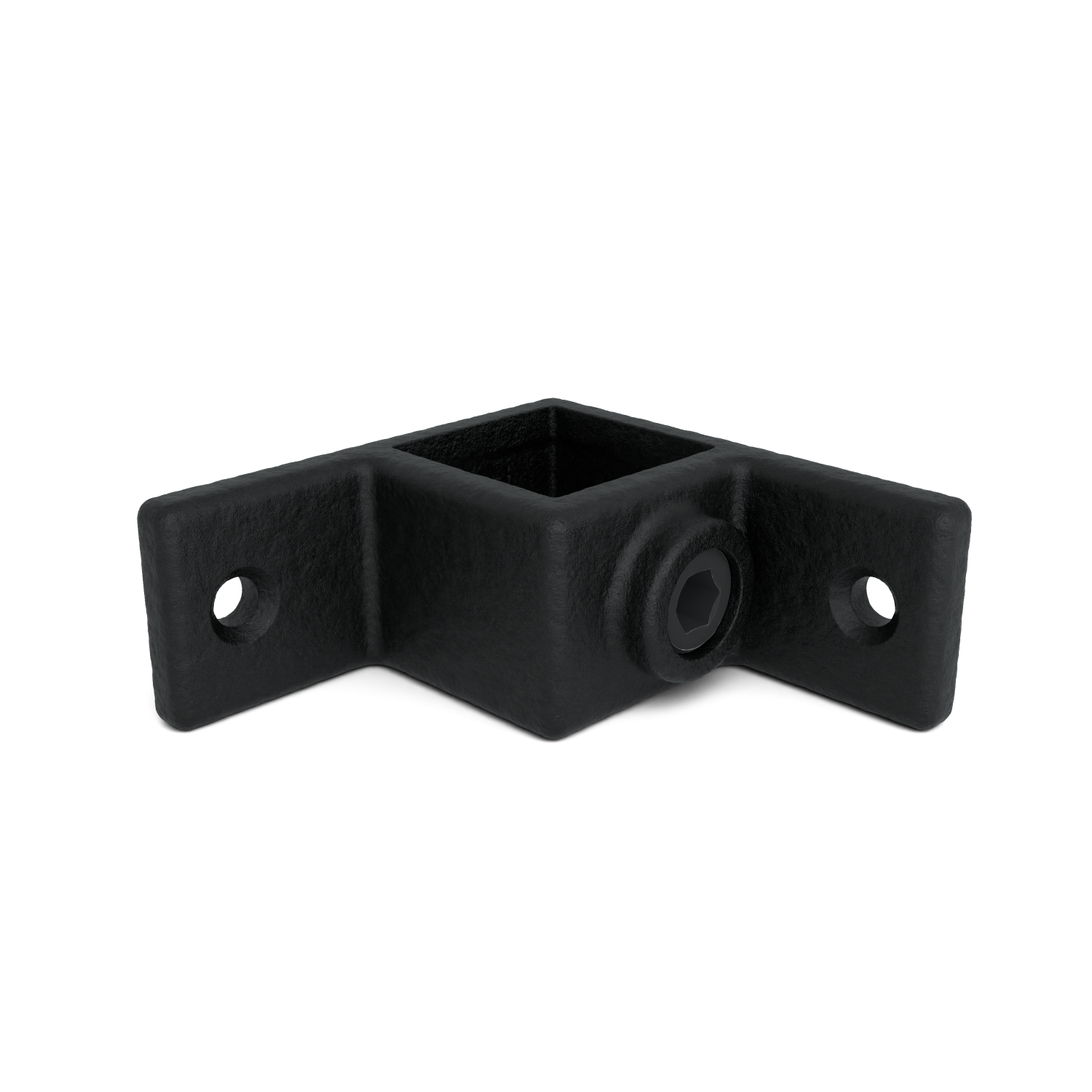 Raccord d'angle métallique noir en forme de L avec une surface rugueuse. Empreinte carrée au centre, un trou rond à chaque extrémité des branches. Vis à six pans creux visible sur le côté de l'ouverture pour une fixation sûre.