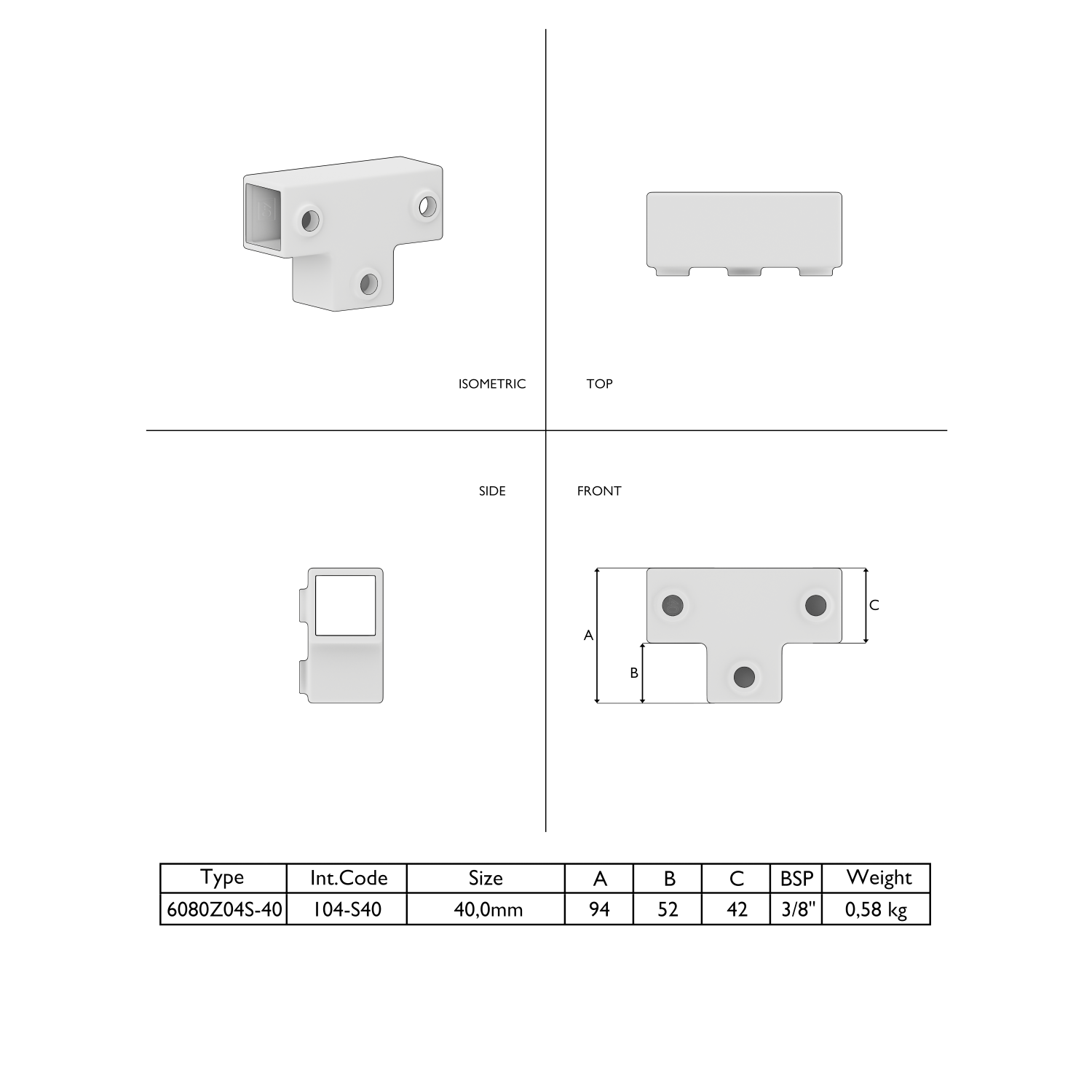 Schéma technique d'un raccord de tuyaux en T blanc, vu en isométrique, de dessus, de côté et de face. Composant doté d'une ouverture carrée et de trois trous de montage ronds. Fiche technique indiquant les cotes A, B et C, les dimensions et le poids.