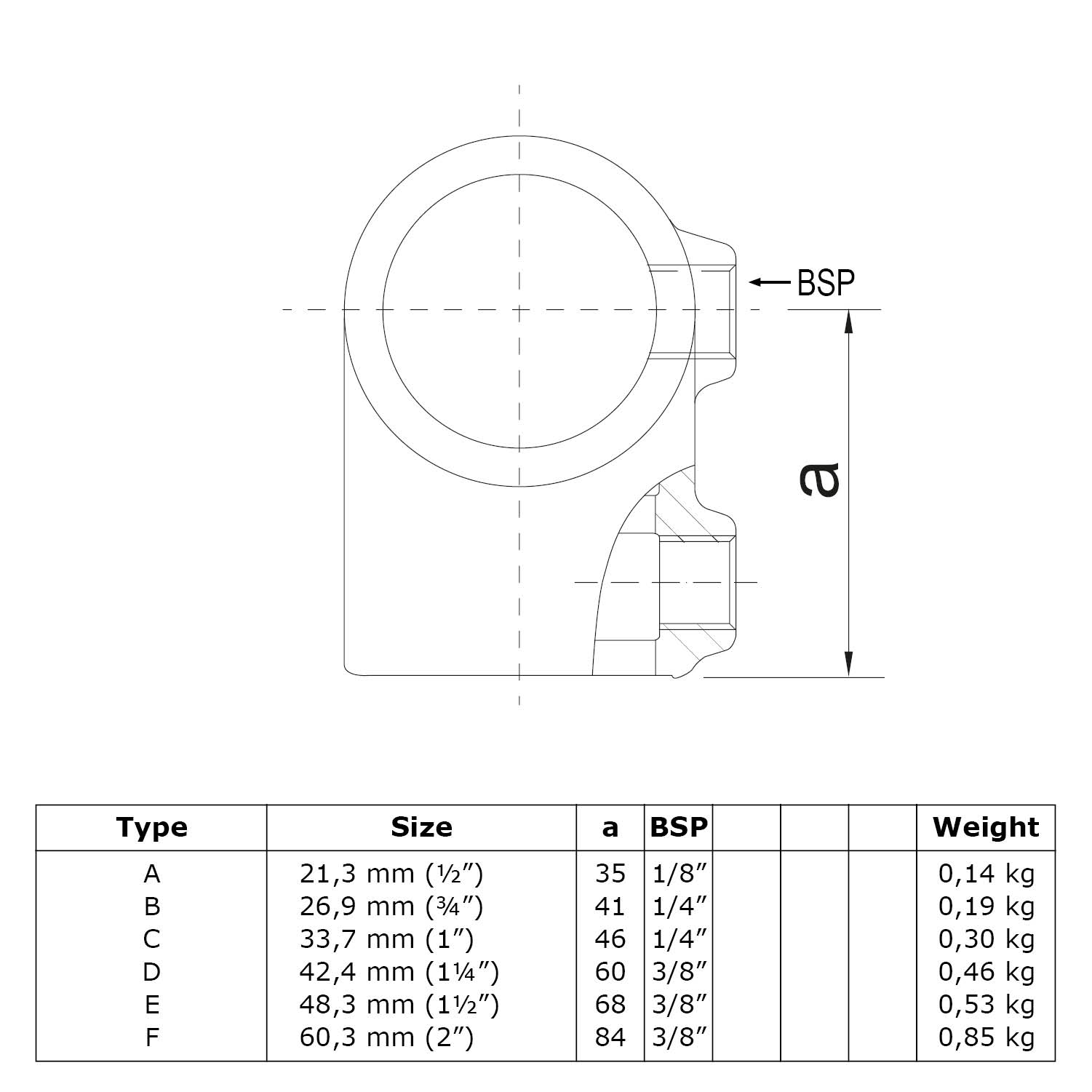 Technical diagram of a T-piece pipe connector showing a side view and dimension ‘a’, as well as BSP threads. Table lists 6 types (21.3–60.3 mm) with ‘a’ dimensions, thread sizes and weights. Specifications for vertical pipe connections.