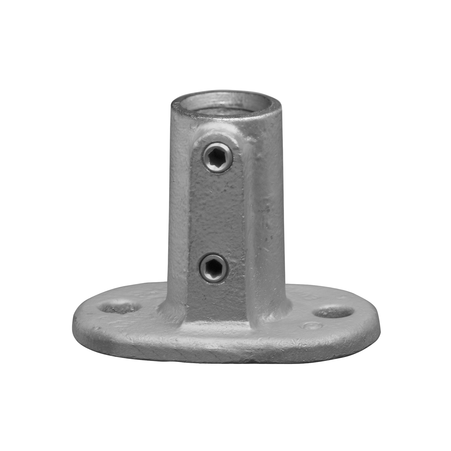 Placa de base ovalada y resistente de metal gris para el soporte de postes verticales. Base plana con dos orificios de fijación. Conector de tubo cilíndrico en el centro con dos tornillos Allen laterales para una sujeción segura.