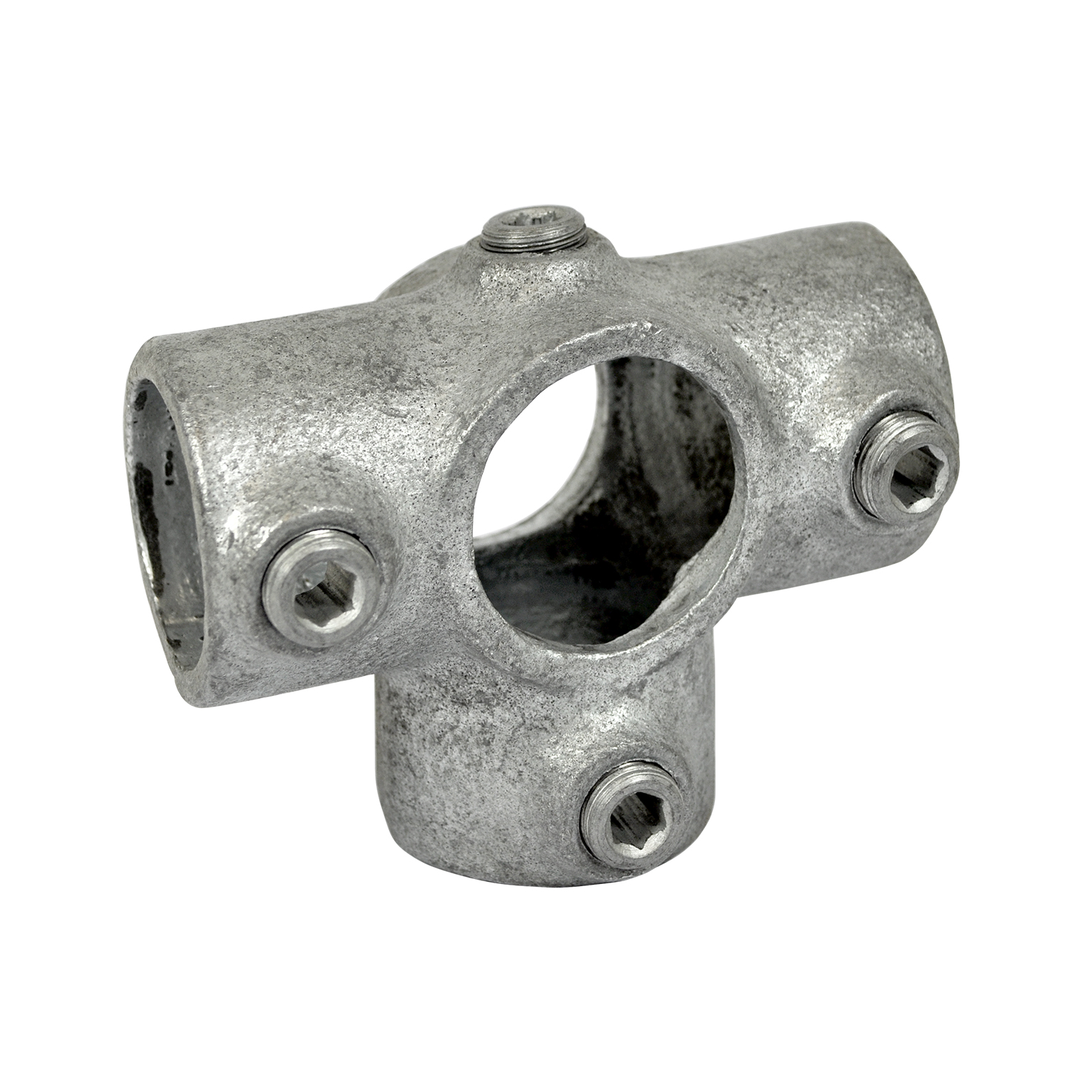 Conector de tubos en T galvanizado gris con tres aberturas para tubos de soporte. Une tres tubos horizontales en ángulo recto; el tubo vertical pasa por el centro. Se fija con cuatro tornillos sin cabeza hexagonal. Superficie mate.