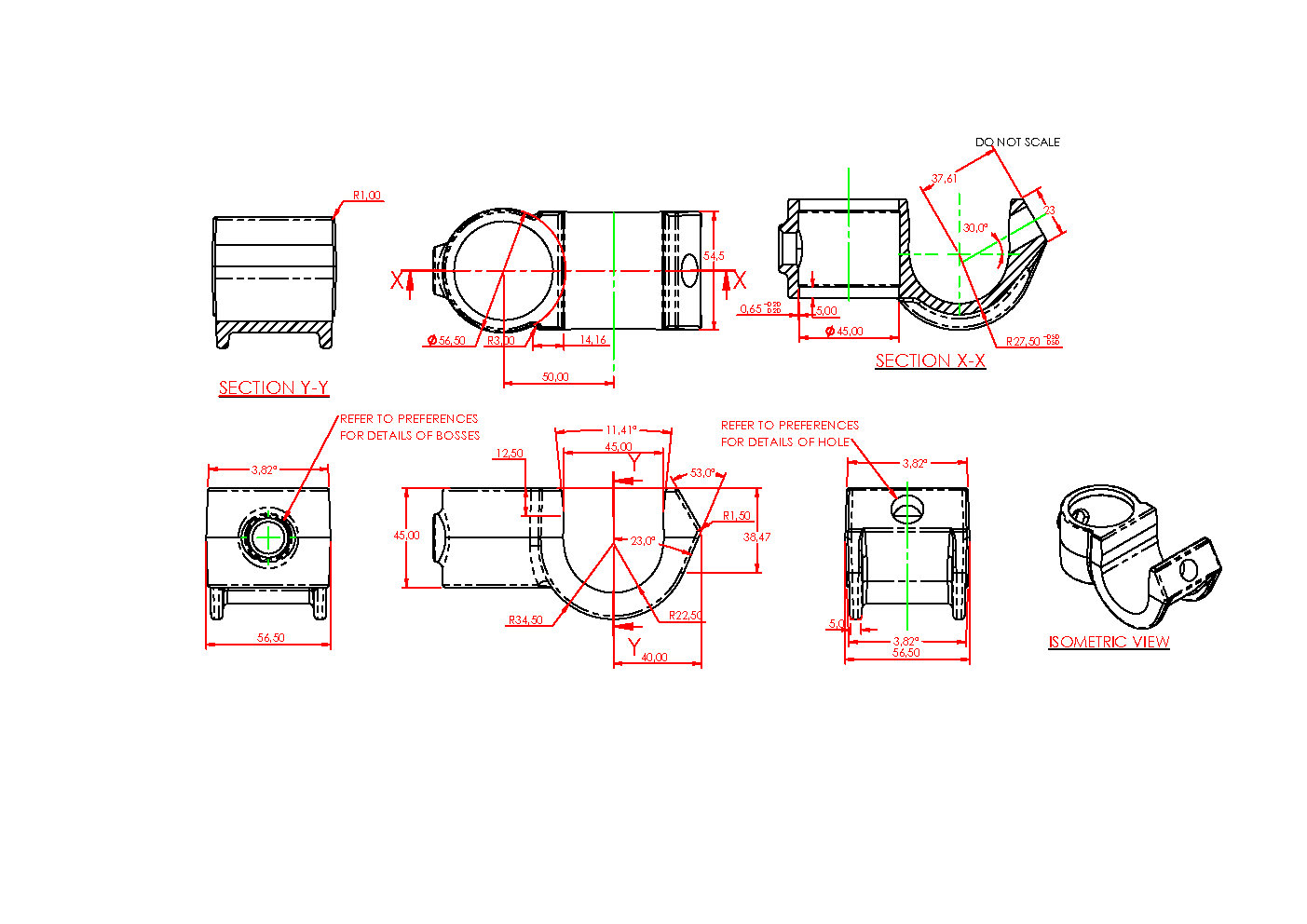 Dibujo técnico de una pieza en cruz abierta con inserto para tubos de 42,4 mm. Vistas: vista superior, secciones X-X e Y-Y, estructura interior, posición de las barras transversales en el inserto, fijación. Isometría con cotas y ángulos.