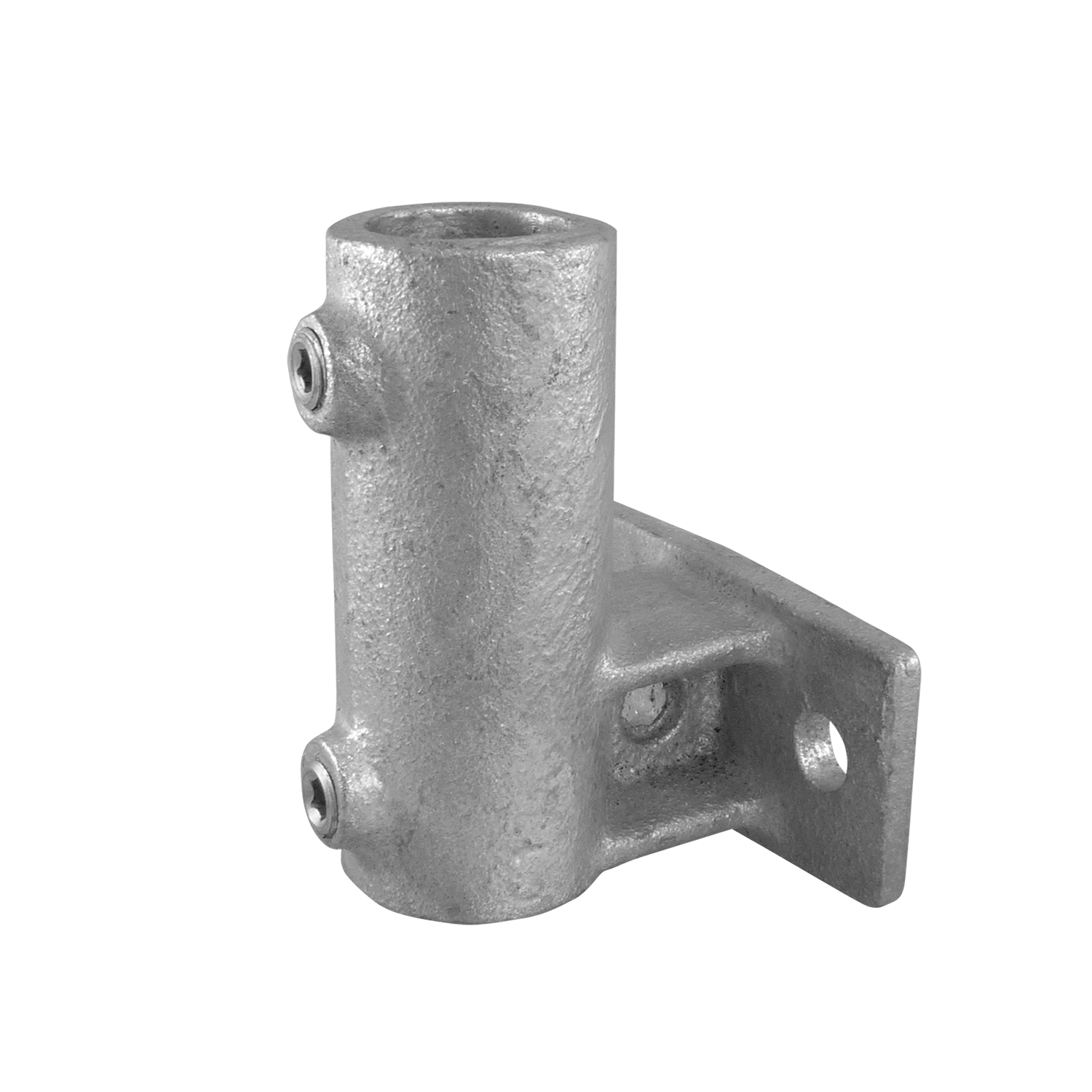 Sturdy, galvanised metal bracket with a vertical cylindrical post mount. Two hexagon bolts on the side for securing. Flat, rectangular mounting plate with two drill holes for secure attachment to walls/parapets.