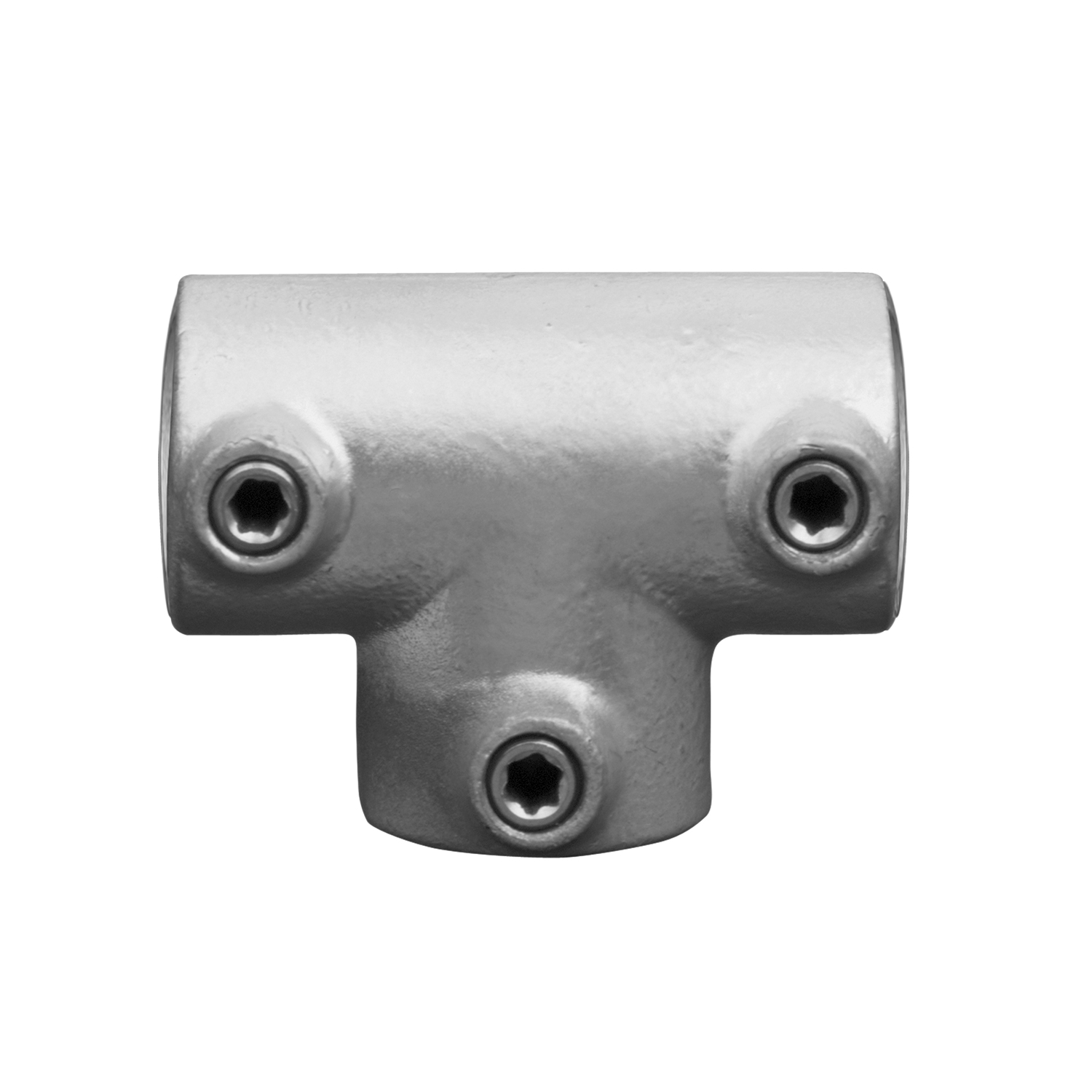 Conector en T metálico de color plateado con tres puntos de conexión. Cada abertura cilíndrica cuenta con un tornillo Allen para fijar el tubo de forma segura. Superficie ligeramente texturizada y con un brillo mate.