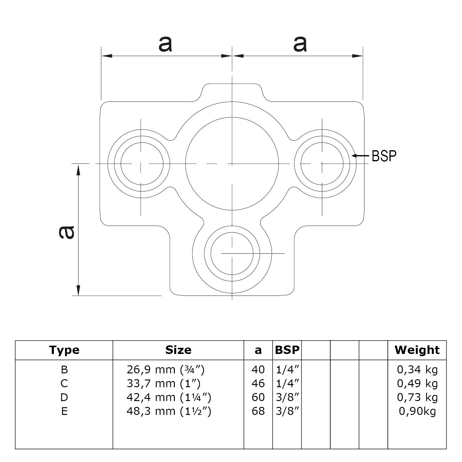 T-Stück für Stützrohr, schwarz  33,7 mm (1”)