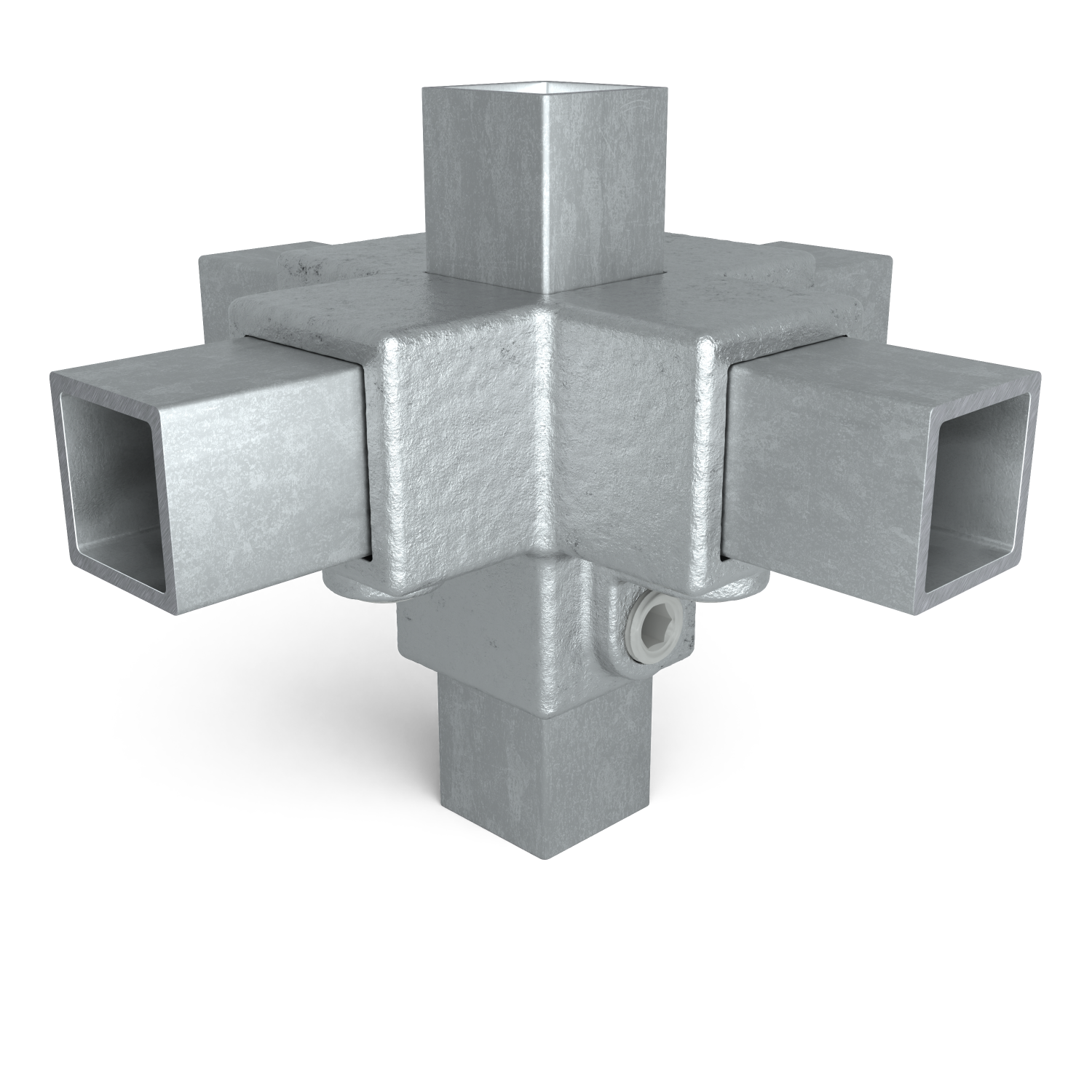 Conector galvanizado gris de 5 vías para tubos cuadrados, unión central tipo cubo con cinco prolongaciones abiertas. Superficie ligeramente rugosa, tornillo Allen inferior. Imagen recortada en fondo blanco con ligera sombra.
