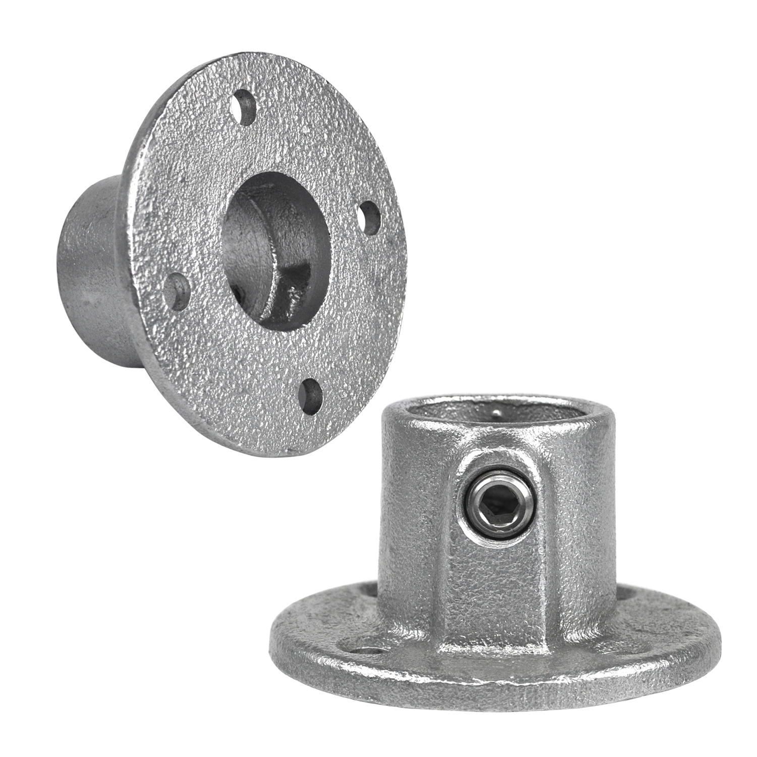 Deux raccords à bride métalliques gris et rugueux sur fond blanc. En haut : plaque de montage ronde avec quatre trous et une ouverture centrale. En bas : vue de profil avec tige cylindrique, base ronde et vis sans tête.