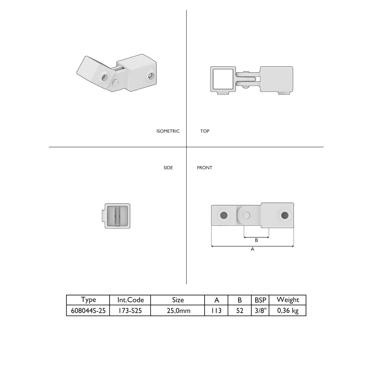Dessin technique d'un raccord pivotant blanc en quatre vues (isométrique, vue de dessus, vue de côté, vue de face) avec trous de vis, mécanisme d'articulation, ouverture carrée, cotes et tableau indiquant le type, la taille et le poids.