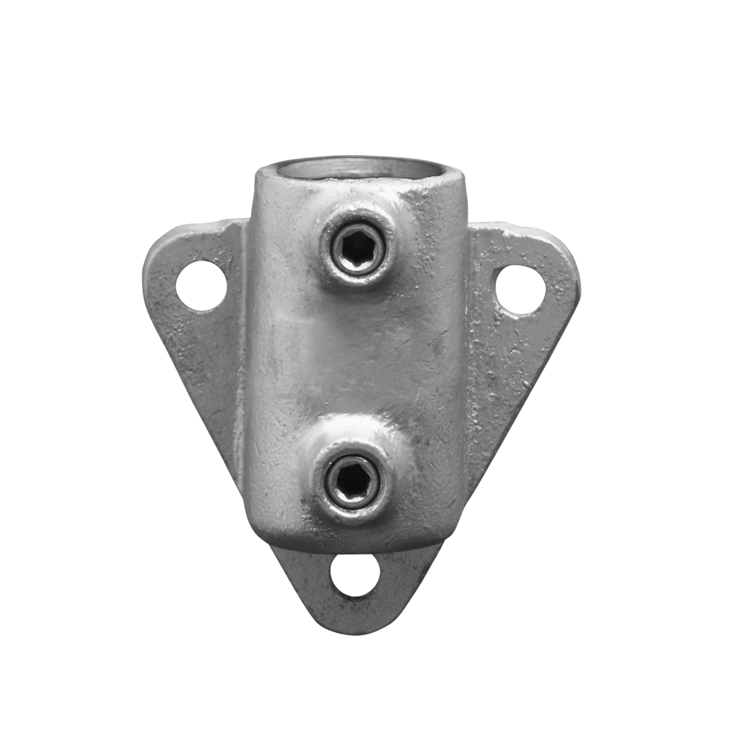 Una pieza de unión para tubos, de color gris y galvanizada, con una abertura cilíndrica para un tubo. Cuenta con una placa de montaje triangular con tres orificios para fijarla a una superficie. Se ven dos tornillos Allen para fijar el tubo.