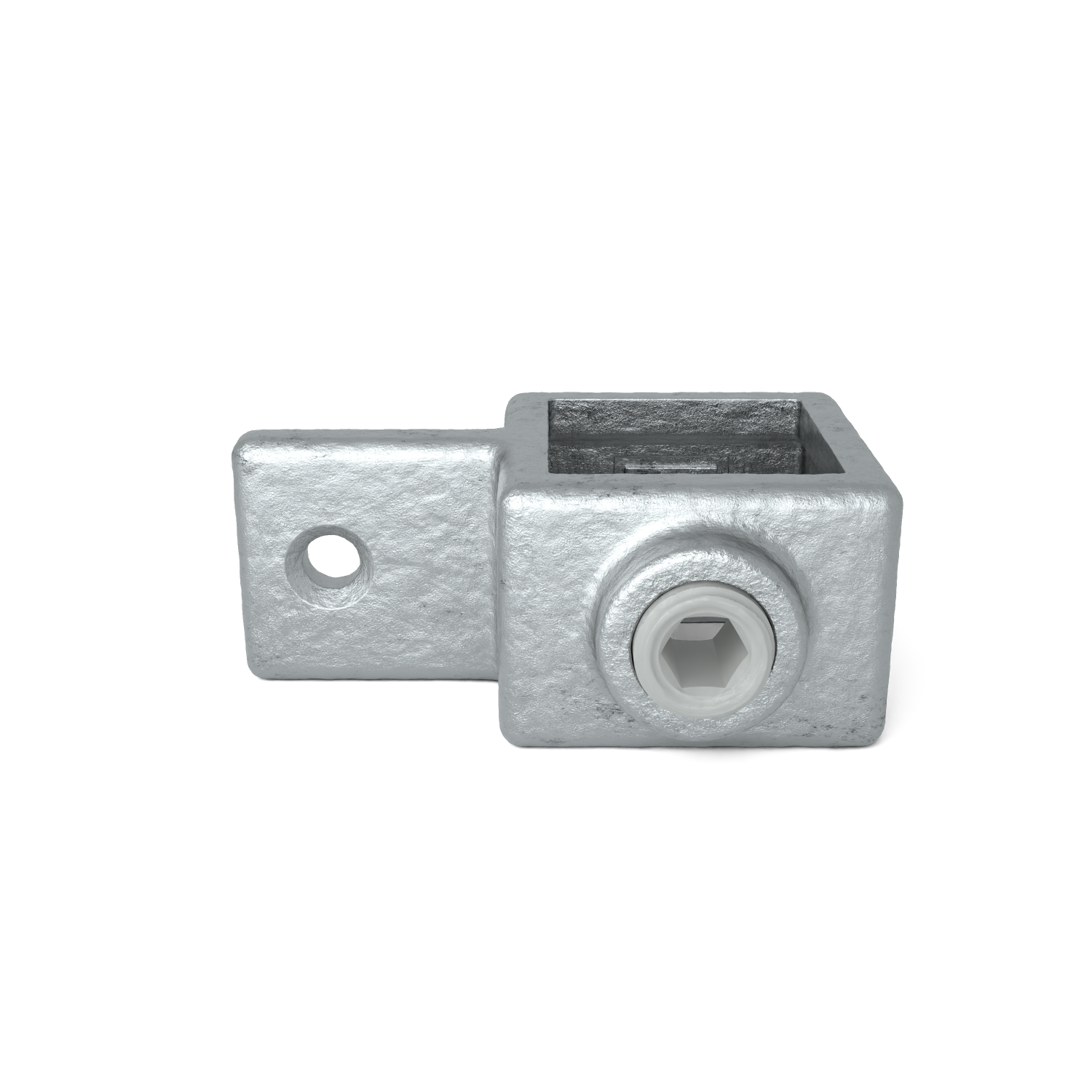 Conector metálico robusto gris plateado, superficie rugosa y texturizada. Cuerpo en forma de cubo con abertura cuadrada superior y brazo plano a la izquierda con orificio redondo. Al frente, tornillo hexagonal de fijación.