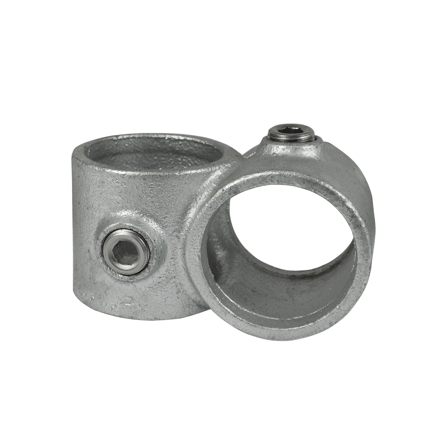 Abrazadera de unión en cruz (90°) robusta y galvanizada para tubos de Ø 48,3 mm (1½”). Pieza gris con dos aberturas cilíndricas en ángulo recto, cada una con un tornillo Allen para una fijación segura. Ideal para empalmes de tubos.