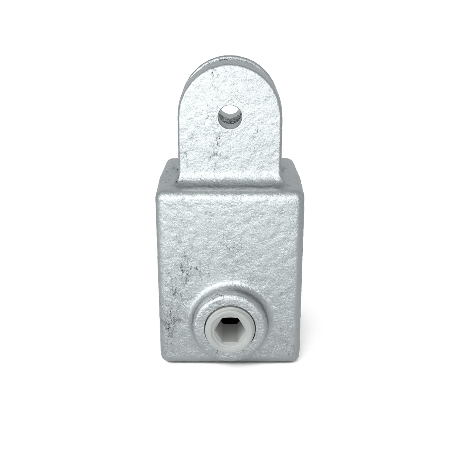 Un raccord métallique galvanisé rectangulaire isolé sur fond blanc. En haut, un prolongement arrondi avec une ouverture ronde au centre. À l'avant, un trou hexagonal en creux avec un bord clair pour la fixation.