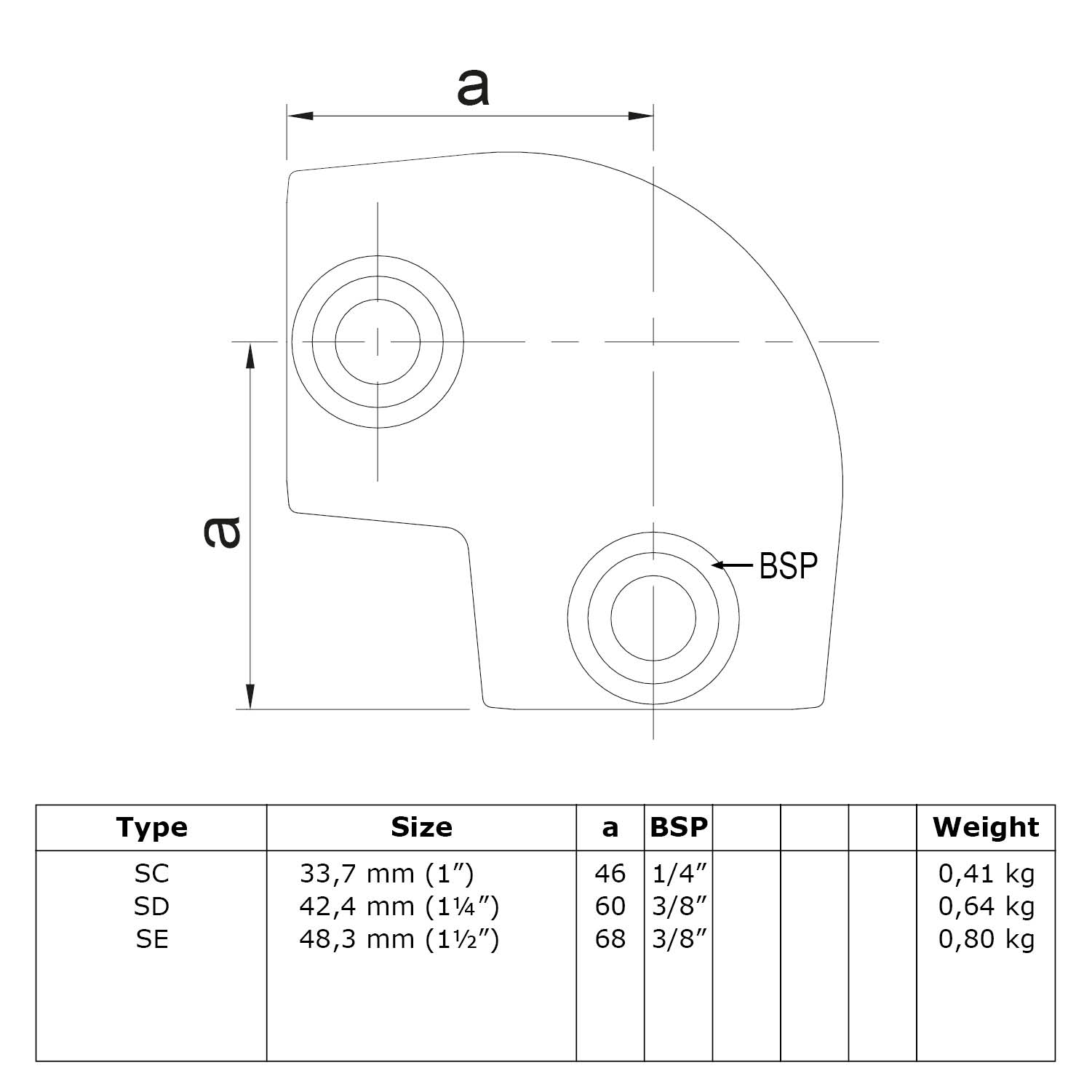 Bogen 90° Variabler Winkel 0° - 11° 42,4 mm (1¼”)