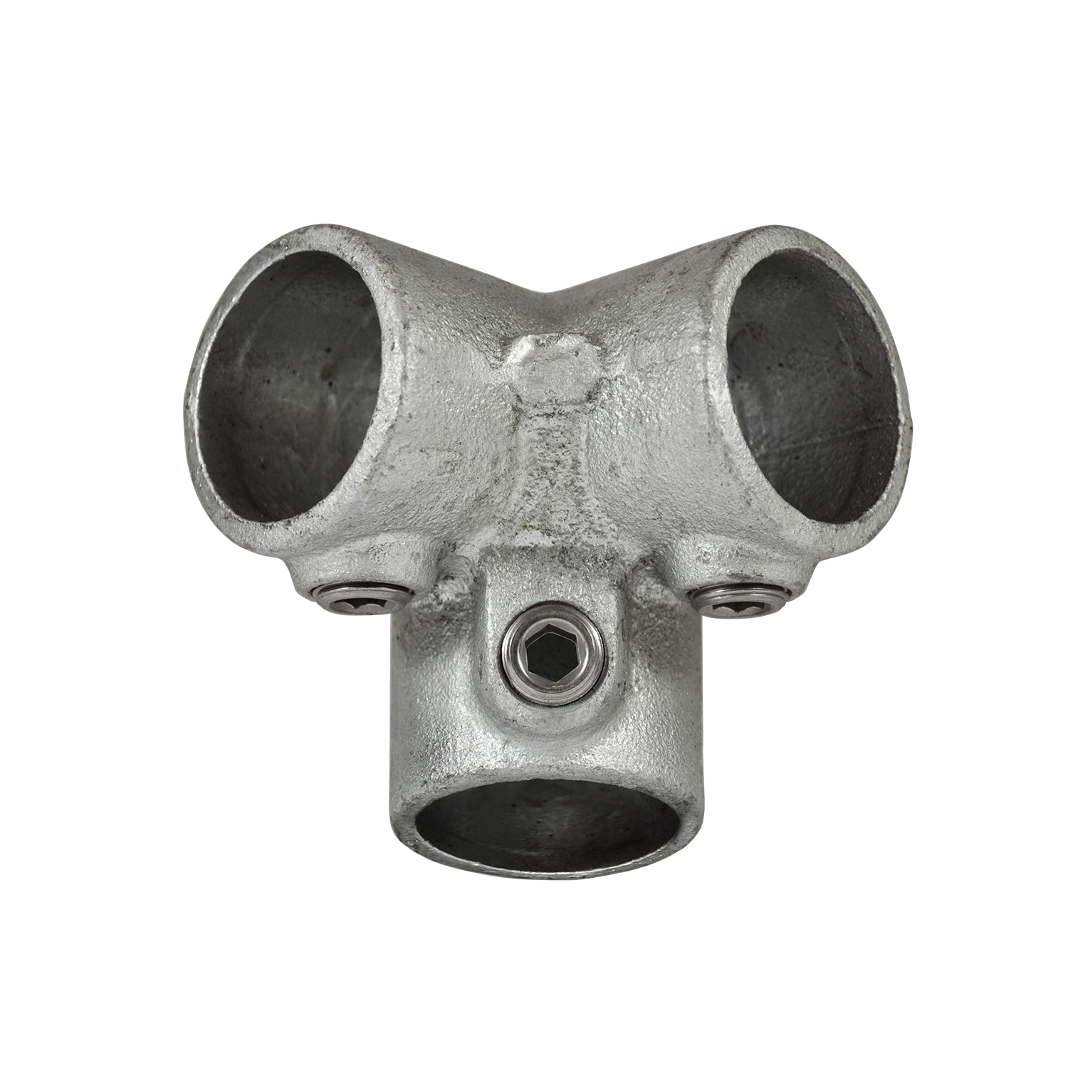Racor de tres vías gris y resistente, fabricado en metal galvanizado, para uniones de tubos de 90 grados. Con tres orificios cilíndricos y tornillos hexagonales visibles para una fijación segura, ideal como abrazadera de unión en esquina para barandillas.