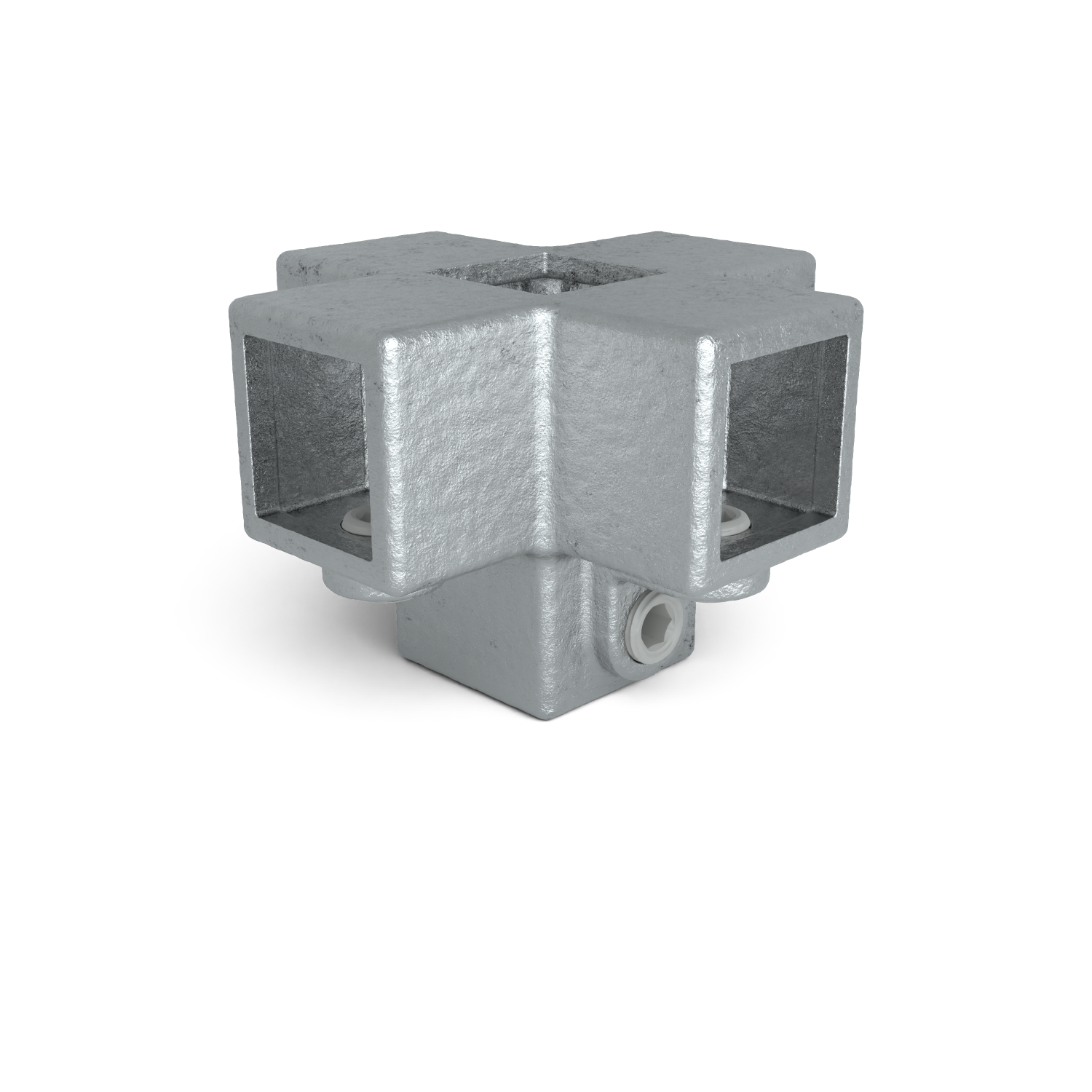 Conector gris en cruz, de hierro fundido o metal galvanizado, para unir cuatro tubos o perfiles cuadrados en un plano. Cada abertura tiene un tornillo de fijación blanco ligeramente empotrado. Superficie mate y rugosa.