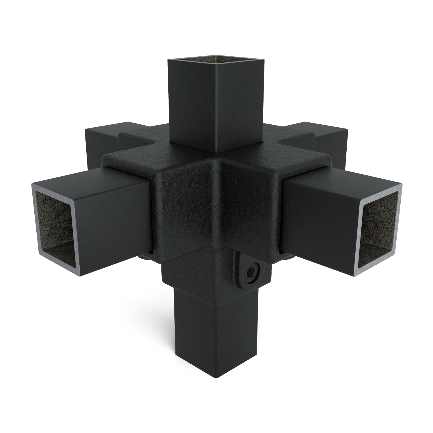 Raccord noir mat à 6 voies pour tubes carrés, s'étendant dans les trois axes de l'espace et formant une structure en étoile. Chacun des six tubes carrés présente une ouverture creuse. Boulons de fixation visibles sur le côté.