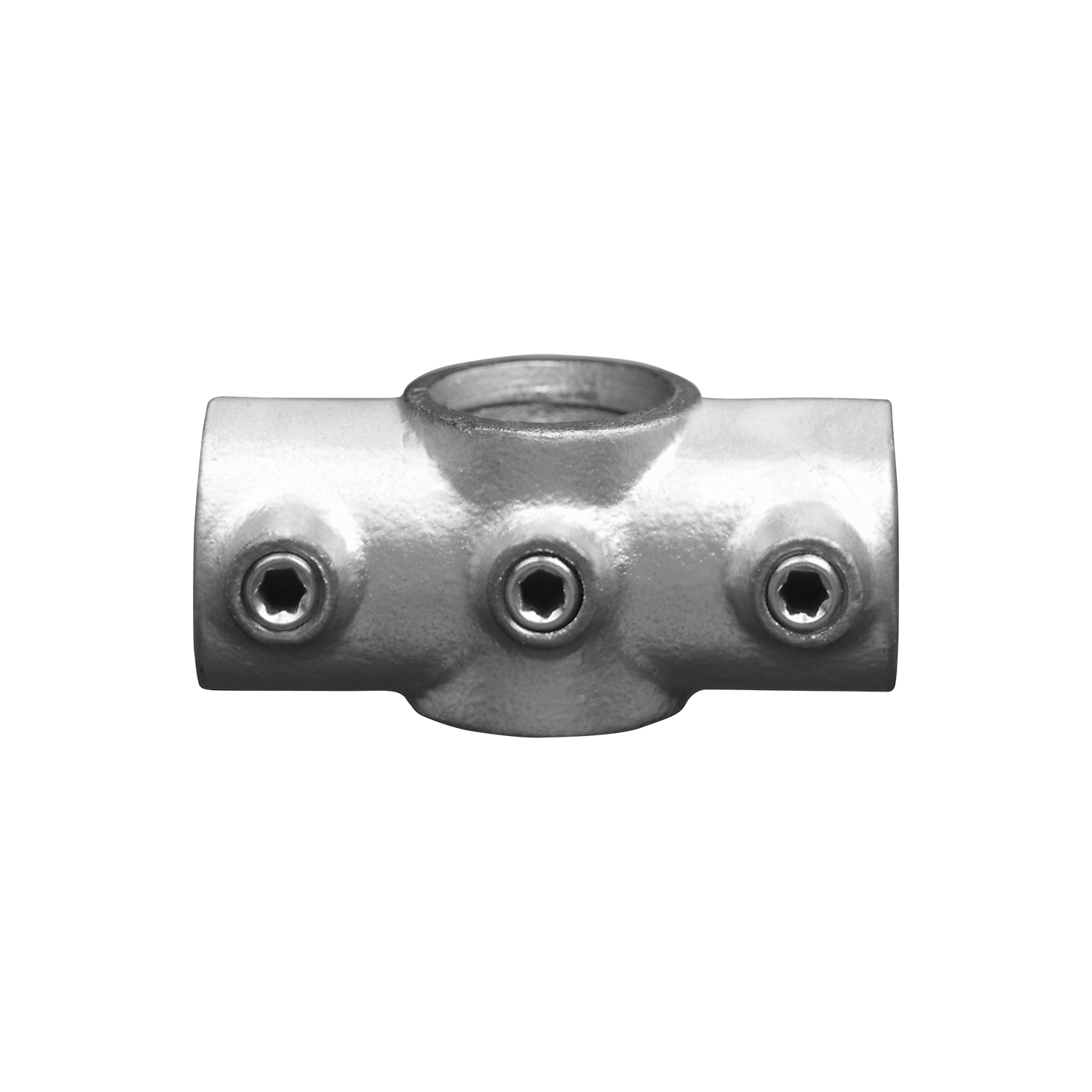 Pièce en croix massive en métal argenté avec quatre ouvertures pour raccords de tubes ; trois vis à six pans creux assurent une fixation sûre des mains courantes ou montants. Raccord traversant pour mains courantes 42,4 mm et montants 48,3 mm.