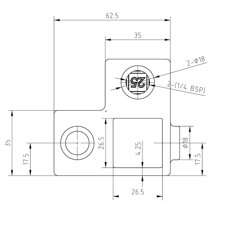 Dessin technique d'un raccord d'angle en L pour tubes carrés. Avec dimensions (62,5 mm de longueur), perçages (18 mm de diamètre) et évidement carré pour le montant traversant. Raccord à 90°.