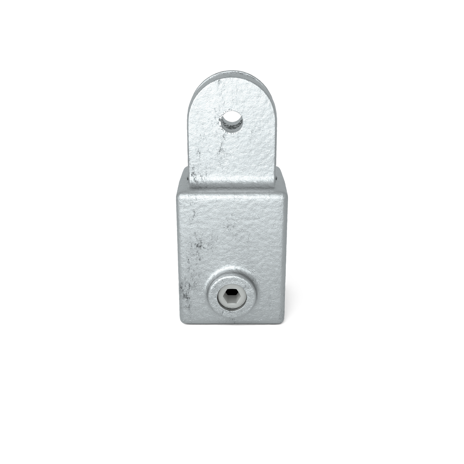 Raccord métallique robuste, rugueux et galvanisé. Base parallélépipédique avec vis à six pans creux visible et étrier arrondi saillant avec alésage circulaire, point d'articulation/fixation. Sur fond blanc.