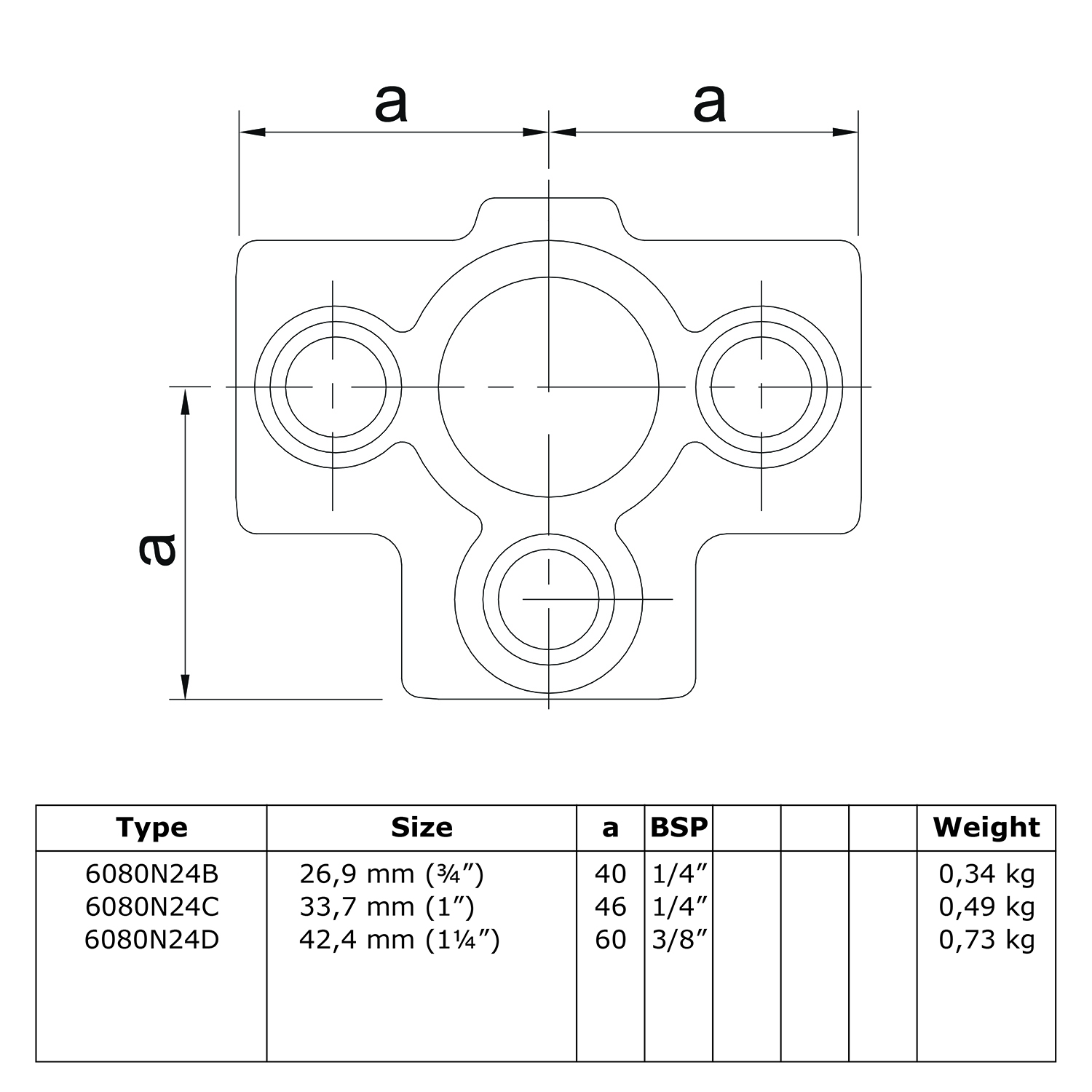 176-C T-Stück für Stützrohr - 42.4 mm (NAT.)