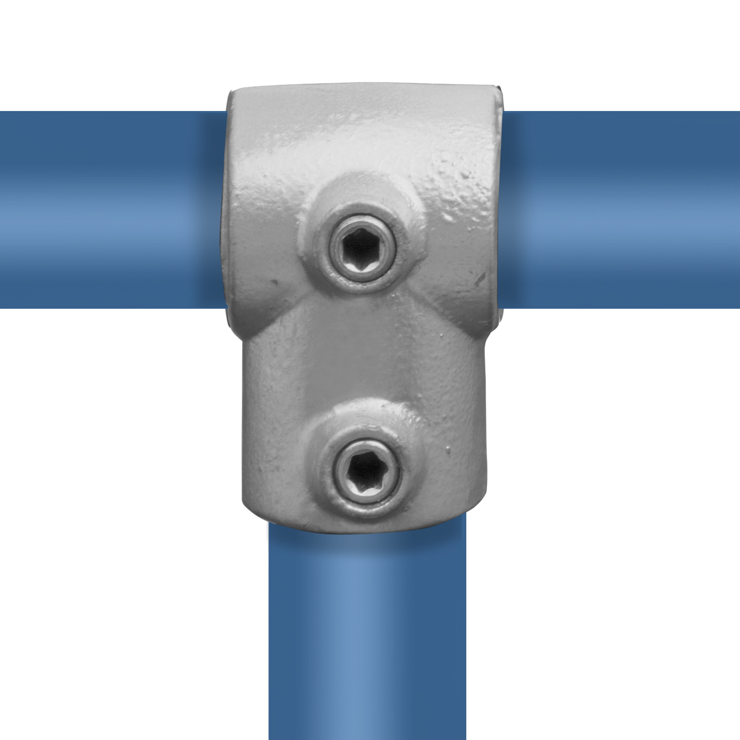 Grey metal T-piece for 21.3 mm pipes connects two blue pipes. One pipe runs horizontally through the upper opening, the other vertically downwards. Two hexagon head screws secure the pipes in the connector.