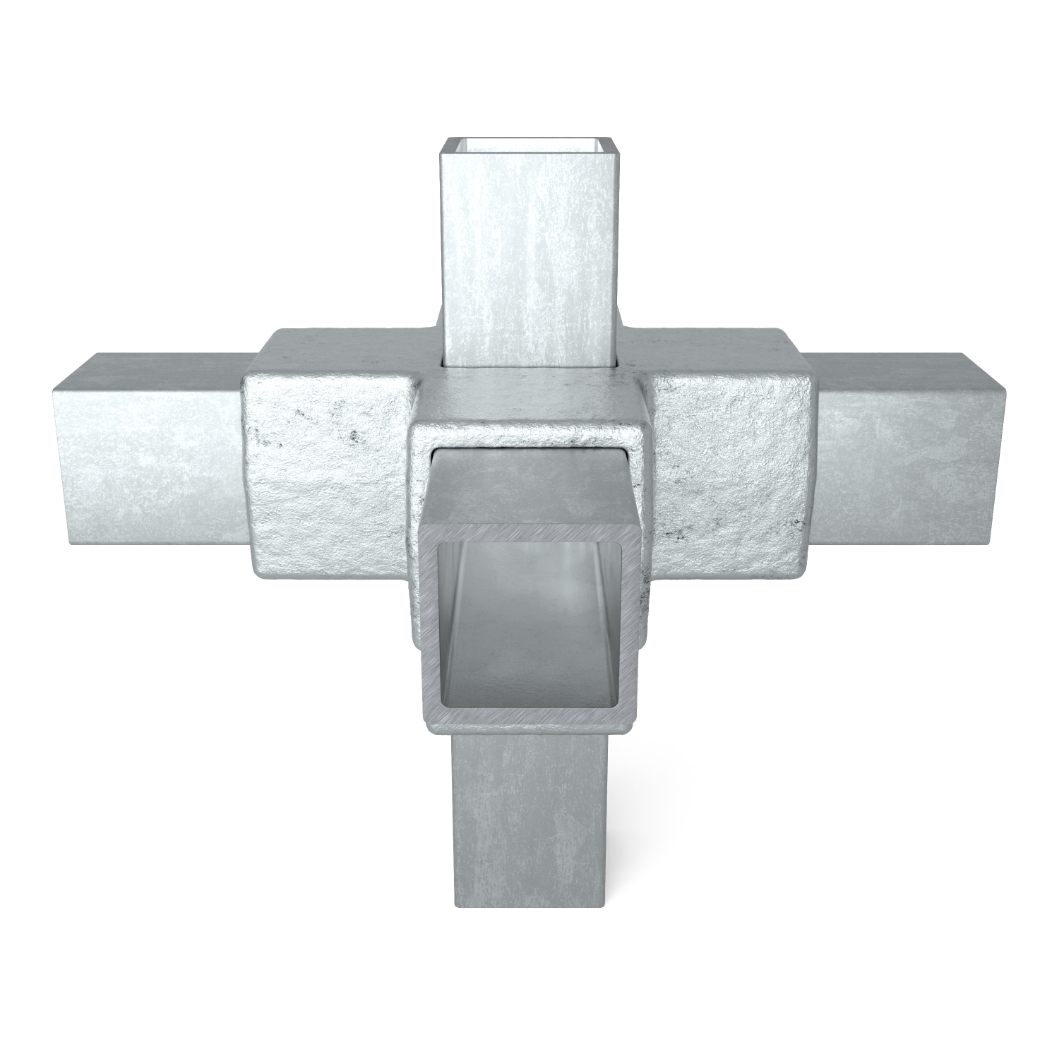 Modèle 3D détaillé d'un raccord de tuyaux carré de couleur argentée, reliant cinq autres tuyaux métalliques carrés en forme de croix. Surface extérieure rugueuse et irrégulière au niveau du raccord, surface intérieure plus lisse. Composant industriel.