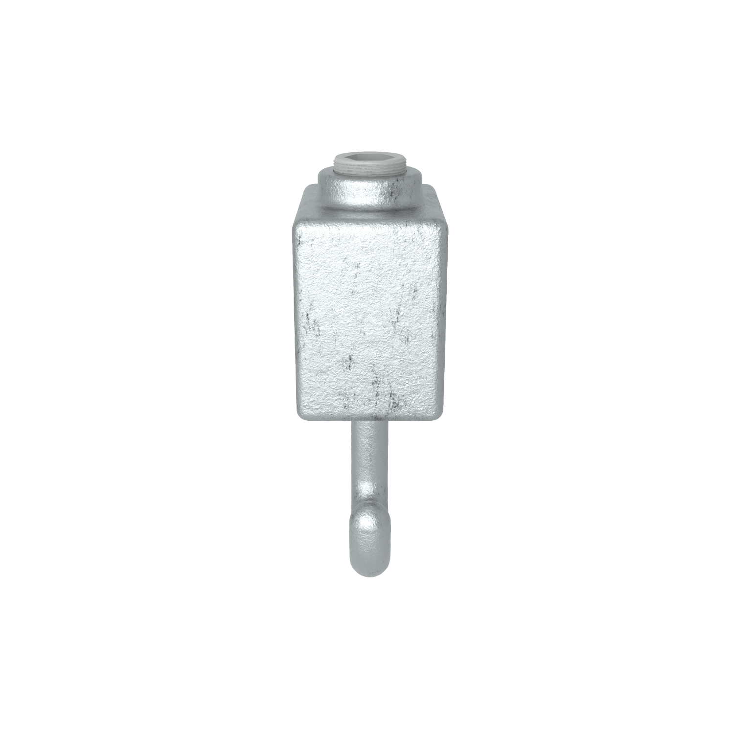 Pieza metálica en forma de cubo con gancho robusto hacia abajo. Arriba, protuberancia cilíndrica roscada con inserto claro. Superficie plateada mate, ligeramente irregular y granulada, como metal galvanizado.
