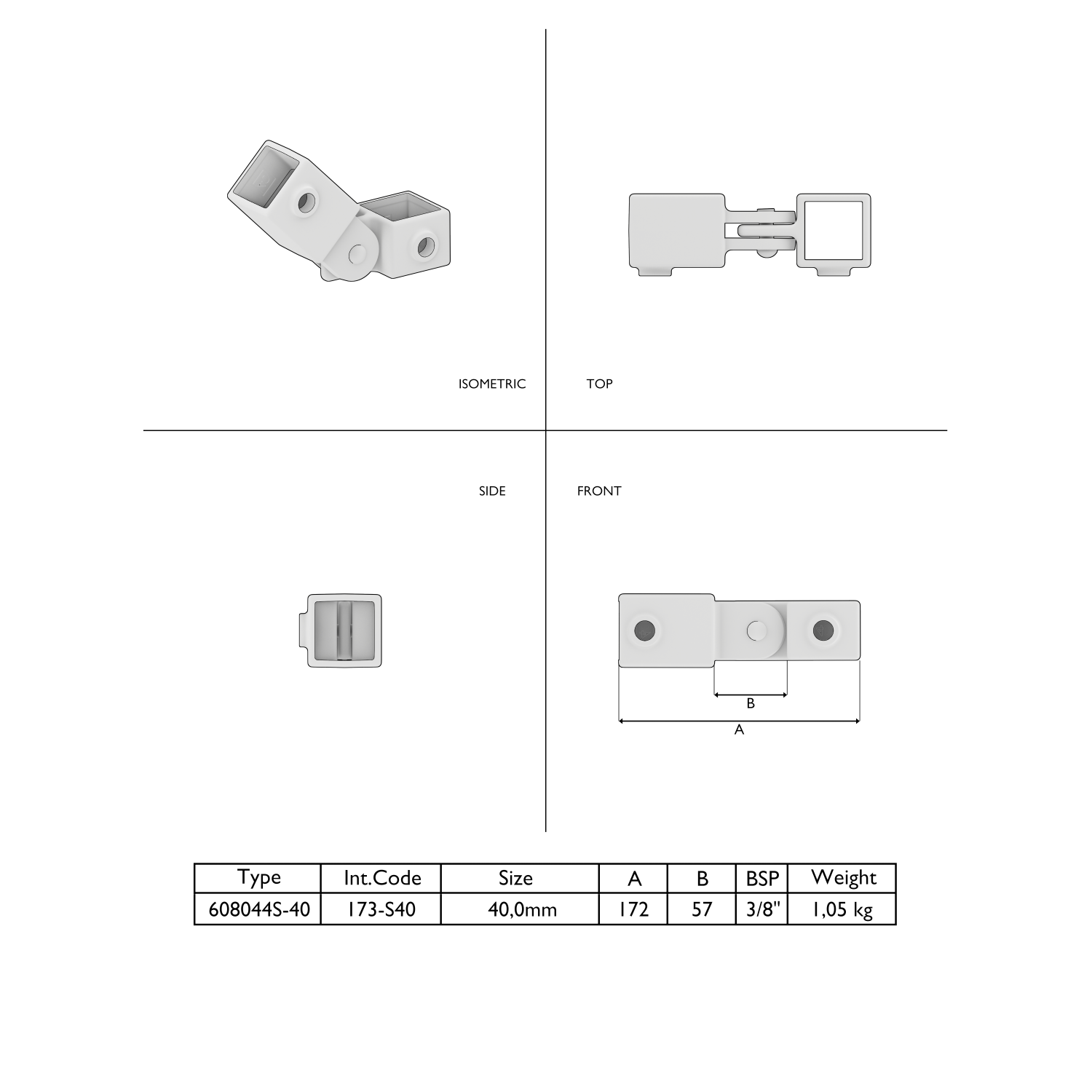Ficha técnica: conector angular ajustable con extremos rectangulares, en vista isométrica, vista superior, vista lateral y vista frontal. Tabla inferior: tipo 608044S-40, tamaño 40,0 mm, peso 1,05 kg.