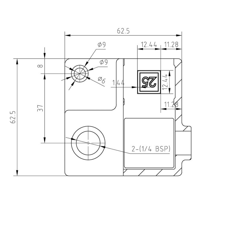 Dessin technique d'un raccord d'angle pour tubes carrés, avec dimensions et diamètres de perçage de 9 mm et 6 mm. Dimensions totales : 62,5 mm, perçages pour 1/4 BSP et repères pour tubes de 25 mm en vue du montage.