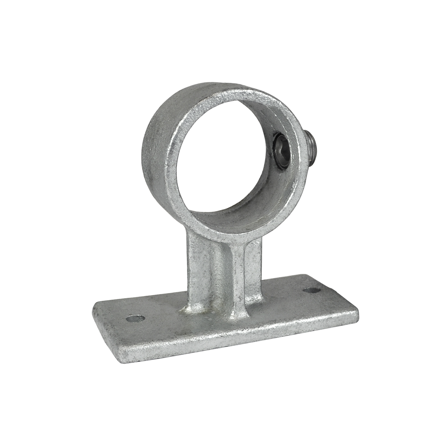 Support de main courante en métal couleur argent pour main courante de 48,3 mm. Avec plaque de montage plate, deux trous de perçage pour la fixation murale et vis de blocage pour une fixation sûre. Surface mate et irrégulière, comme du métal galvanisé.