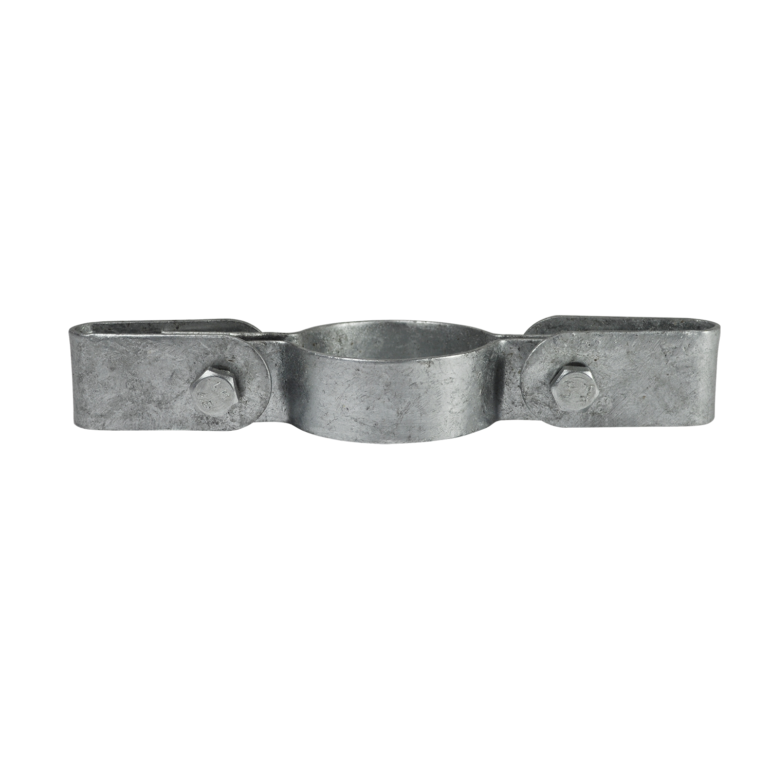 Soporte doble para malla de metal plateado con abrazadera redonda central. Dos brazos de sujeción laterales planos, cada uno con tornillo, para abrazaderas de malla metálica de doble cara. Superficie mate texturizada para postes de 26,9 mm.
