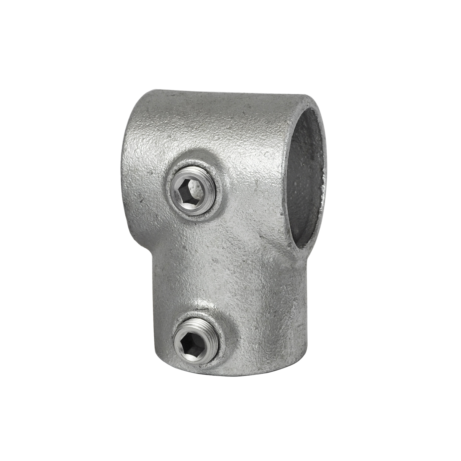 Sturdy, T-shaped pipe connector made of galvanised metal, isolated on a white background. Grey component with three cylindrical openings and two silver hex socket screws for secure pipe fastening.